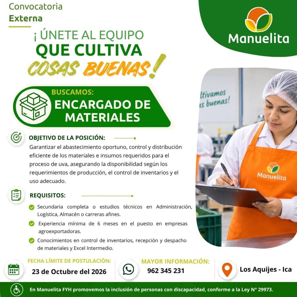 Encargado de Materiales, Pedeteador y Operador de Montacarga - Manuelita - Los Aquijes - Imagen 1