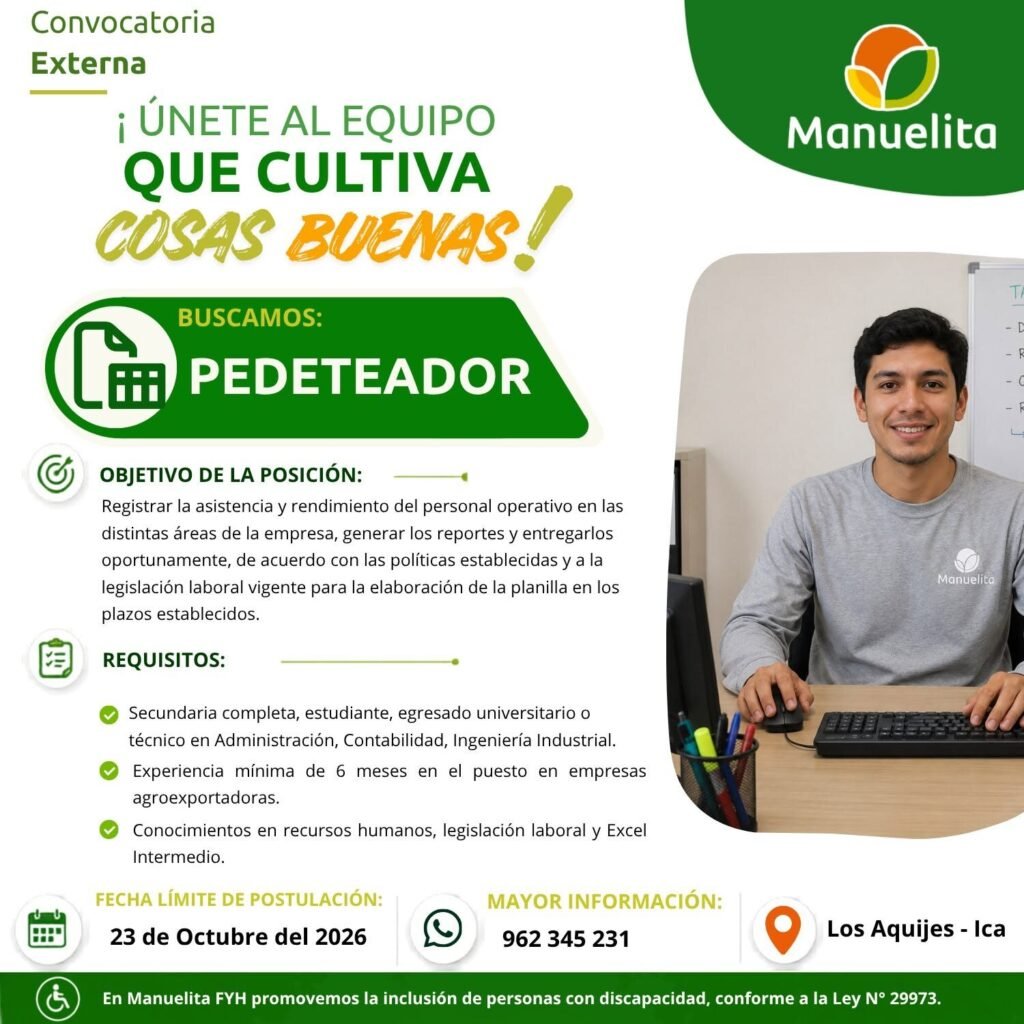 Encargado de Materiales, Pedeteador y Operador de Montacarga - Manuelita - Los Aquijes - Imagen 2