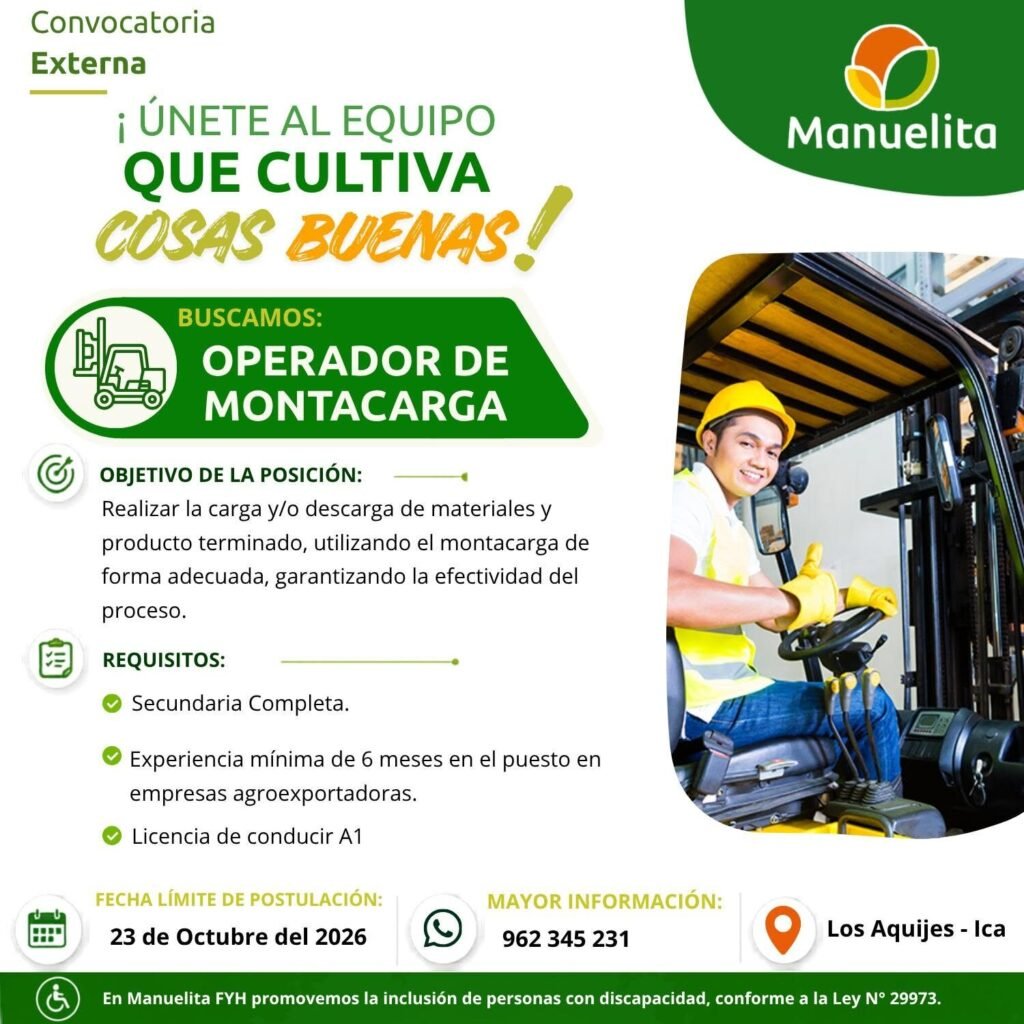 Encargado de Materiales, Pedeteador y Operador de Montacarga - Manuelita - Los Aquijes - Imagen 3