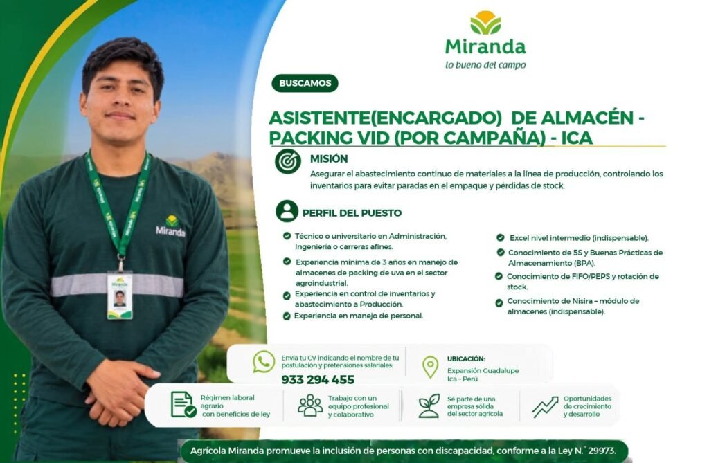 Asistente (Encargado) de Almacén – Packing Vid (por campaña) – Agrícola Miranda - Imagen 1