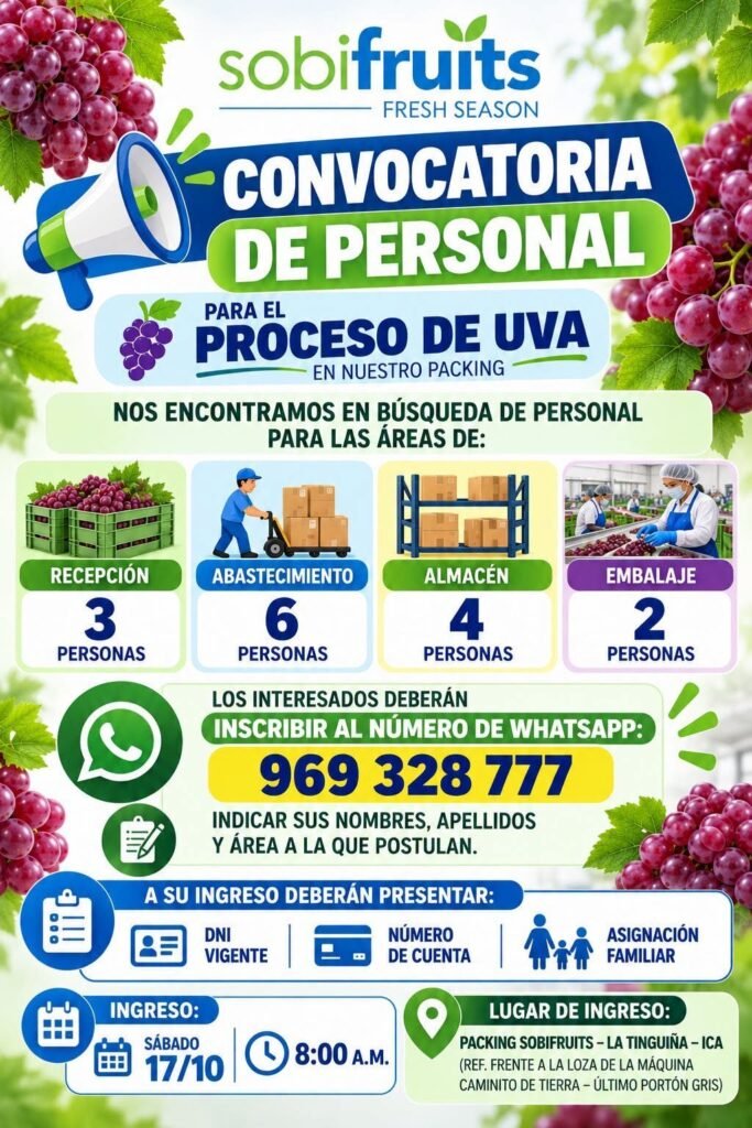 Convocatoria de Personal para Packing de Uva – Sobifruits (La Tinguiña, Ica) - Imagen 1