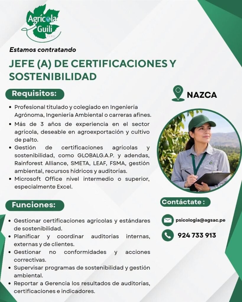 JEFE(A) DE CERTIFICACIONES Y SOSTENIBILIDAD – AGRÍCOLA GUILI (NAZCA) - Imagen 1