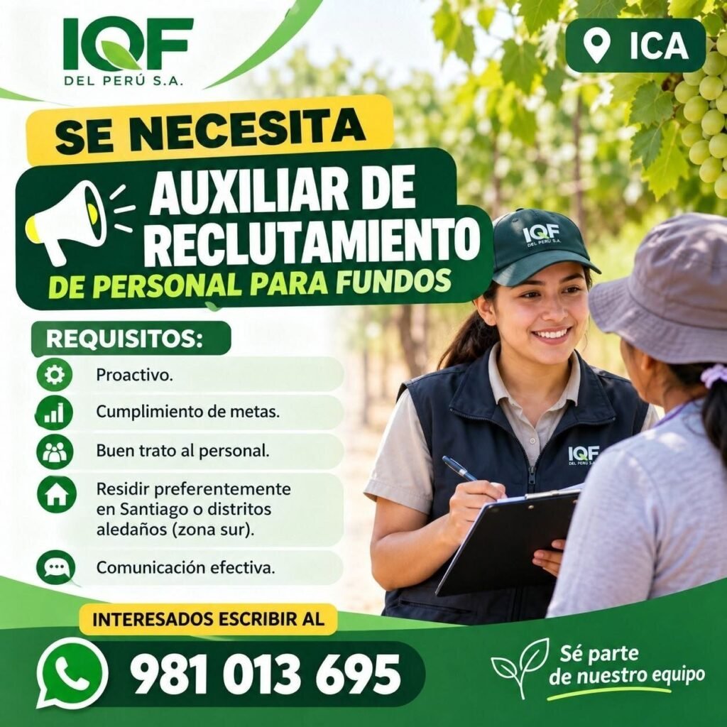 AUXILIAR DE RECLUTAMIENTO DE PERSONAL PARA FUNDOS – IQF DEL PERÚ (ICA) - Imagen 1
