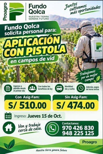 Aplicación con pistola en campos de vid – Fundo Qolca (Proagro)