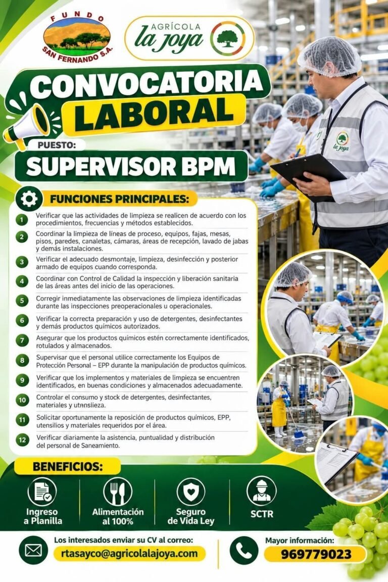 SUPERVISOR BPM – AGRÍCOLA LA JOYA (FUNDO SAN FERNANDO)