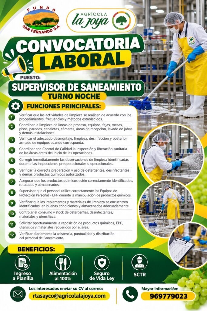 SUPERVISOR DE SANEAMIENTO TURNO NOCHE – AGRÍCOLA LA JOYA (ICA) - Imagen 1