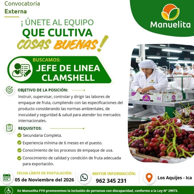 JEFE DE LÍNEA CLAMSHELL – AGRÍCOLA MANUELITA (ICA)