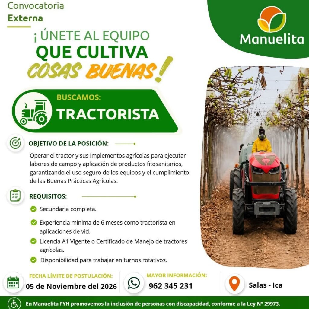 TRACTORISTA – AGRÍCOLA MANUELITA, FUNDO SAN JOSÉ DE VILLACURÍ (SALAS, ICA) - Imagen 1
