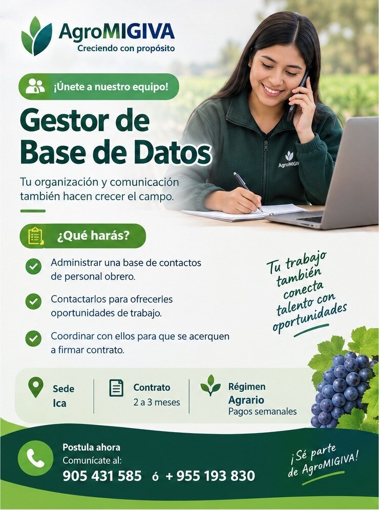 GESTOR DE BASE DE DATOS Y GESTOR DE TRANSPORTES – AGROMIGIVA (ICA) - Imagen 1