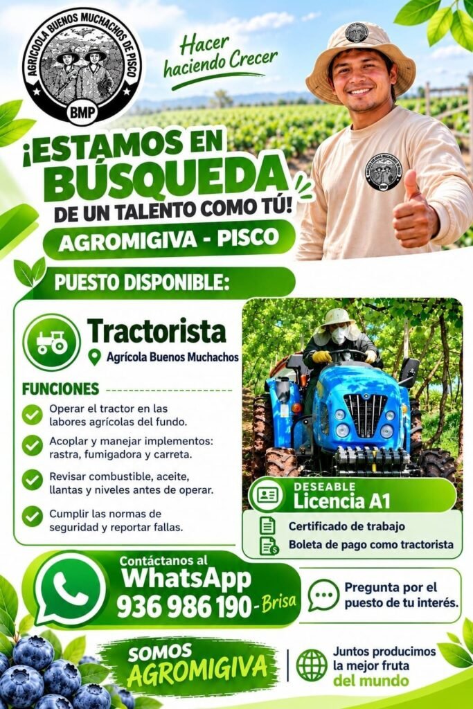 TRACTORISTA – AGROMIGIVA / AGRÍCOLA BUENOS MUCHACHOS (PISCO) - Imagen 1