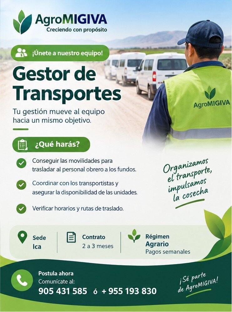 GESTOR DE BASE DE DATOS Y GESTOR DE TRANSPORTES – AGROMIGIVA (ICA) - Imagen 2