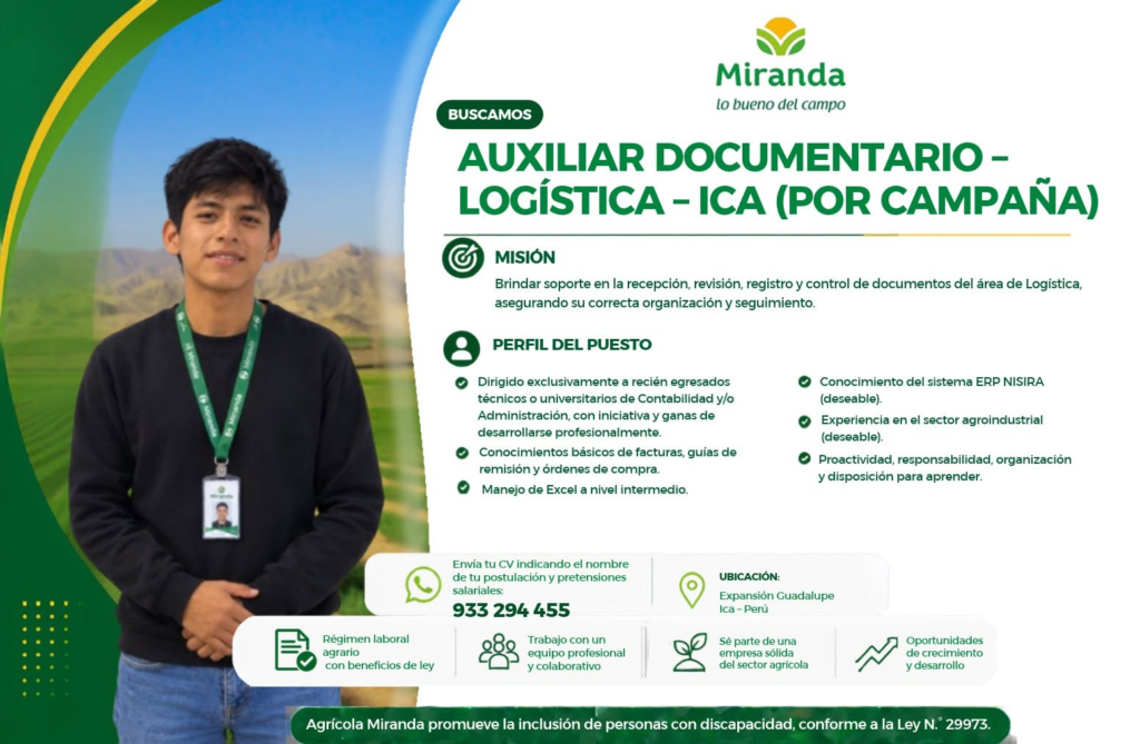 AUXILIAR DOCUMENTARIO – LOGÍSTICA – AGRÍCOLA MIRANDA (ICA) - Imagen 1