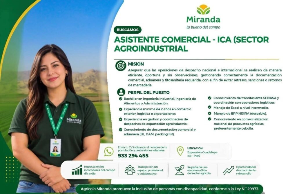 Asistente Comercial – Agrícola Miranda (Ica, sector agroindustrial) - Imagen 1