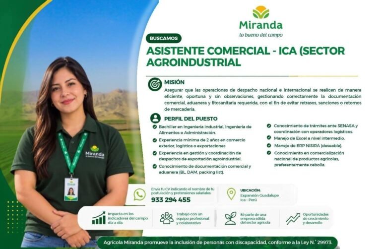 Asistente Comercial – Agrícola Miranda (Ica, sector agroindustrial)