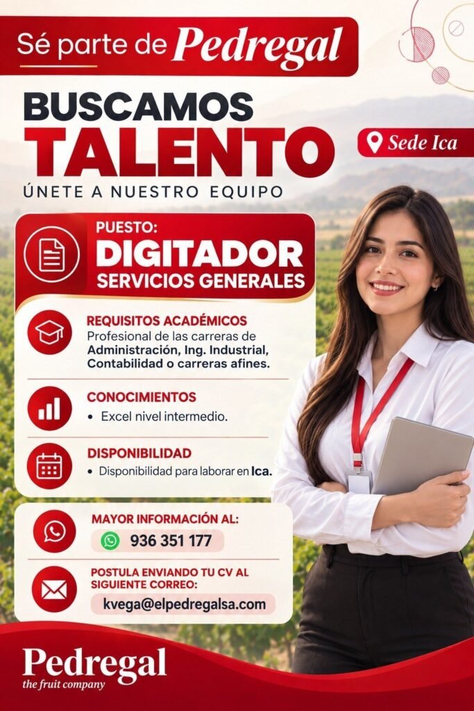 PEDREGAL – DIGITADOR Y PERSONAL DE LIMPIEZA (SERVICIOS GENERALES) – ICA - Imagen 1