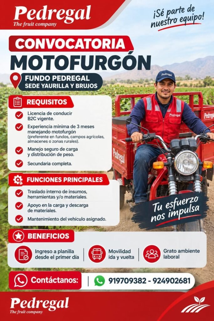 Motofurgón y Enfermero/a – Pedregal – Fundo Pedregal (Yaurilla y Brujos) - Imagen 1