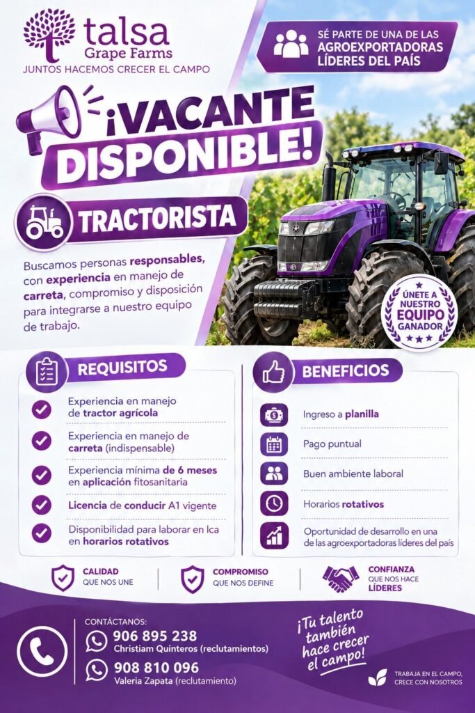 Tractorista para Agroexportadora en Ica - Imagen 1