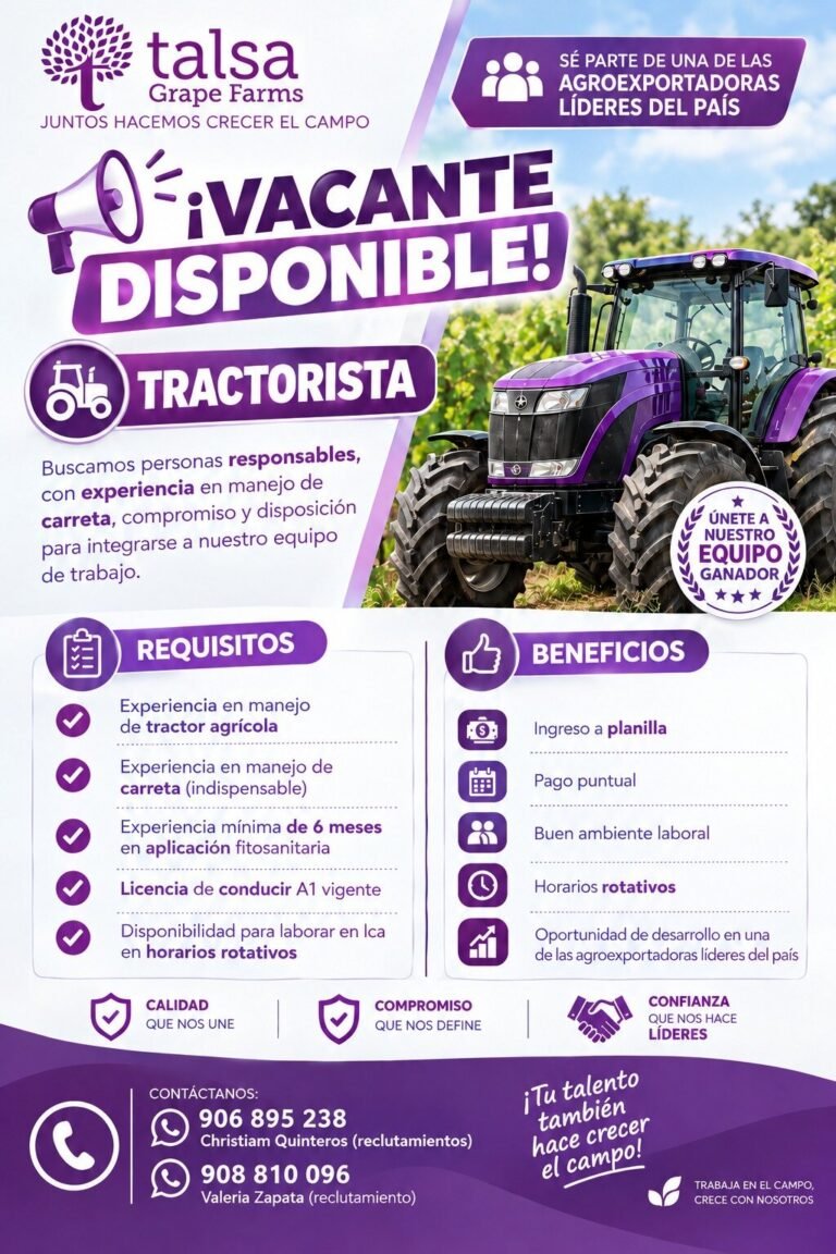 Tractorista para Agroexportadora en Ica