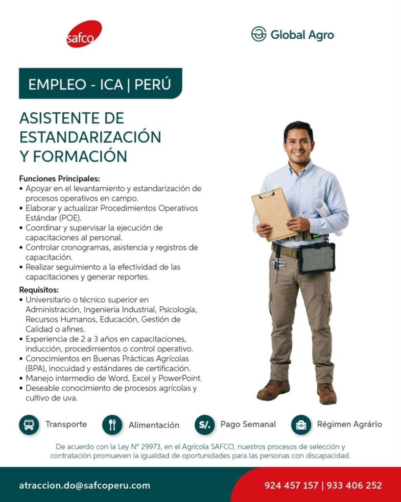 Asistente de Estandarización y Formación en Ica, Perú