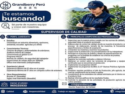 Estamos en la búsqueda de un Supervisor de Calidad 🫐🫐🫐 Ubicados en carretera Panamericana Sur Km. 276 – Ica