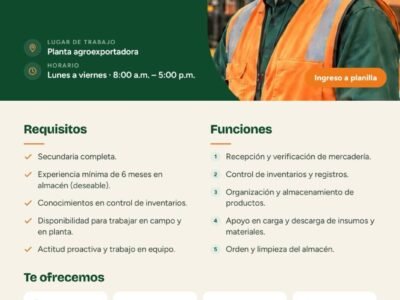 Almacenero para Empresa Agrícola en Planta Agroexportadora