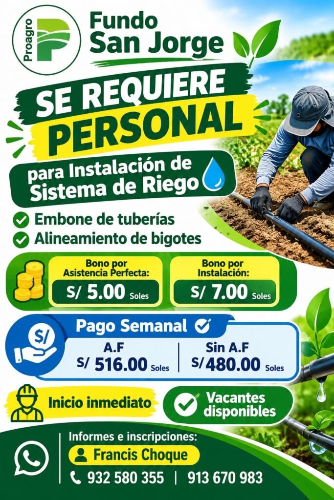 Trabajadores para Instalación de Riego en Fundo San Jorge - Imagen 1