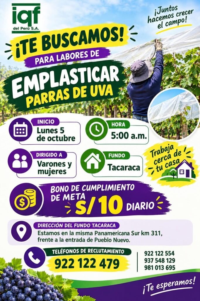 Personal para Emplasticado de Parras de Uva en Tacaraca, Ica