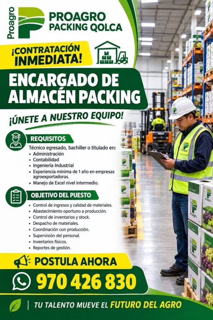Encargado de Almacén Packing – Proagro, Packing Qolca - Imagen 1