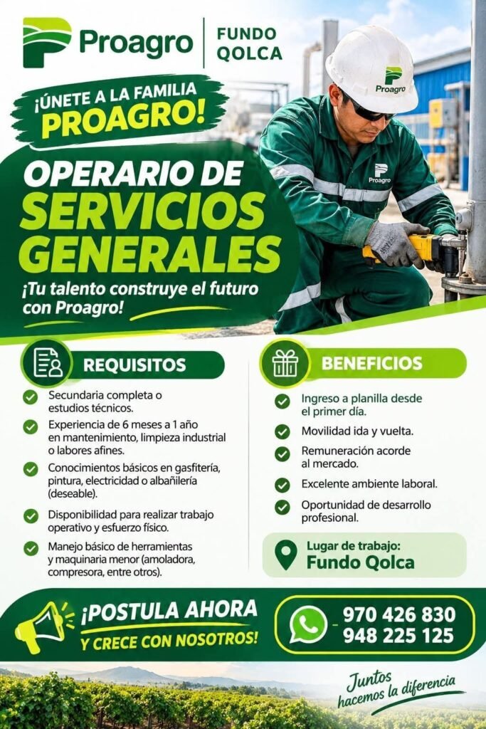 OPERARIO DE SERVICIOS GENERALES – PROAGRO FUNDO QOLCA - Imagen 1