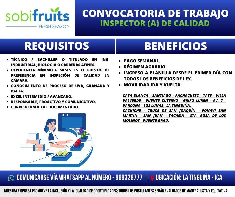 Inspector(a) de Calidad – Sobifruits - Imagen 1