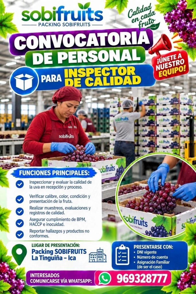 INSPECTOR DE CALIDAD – PACKING SOBIFRUITS (LA TINGUIÑA, ICA)