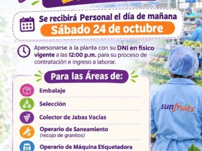 Personal para Planta – Sunfruits, sábado 24 de octubre