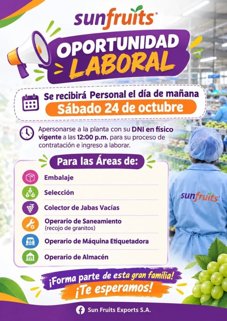 Personal para Planta – Sunfruits, sábado 24 de octubre - Imagen 1