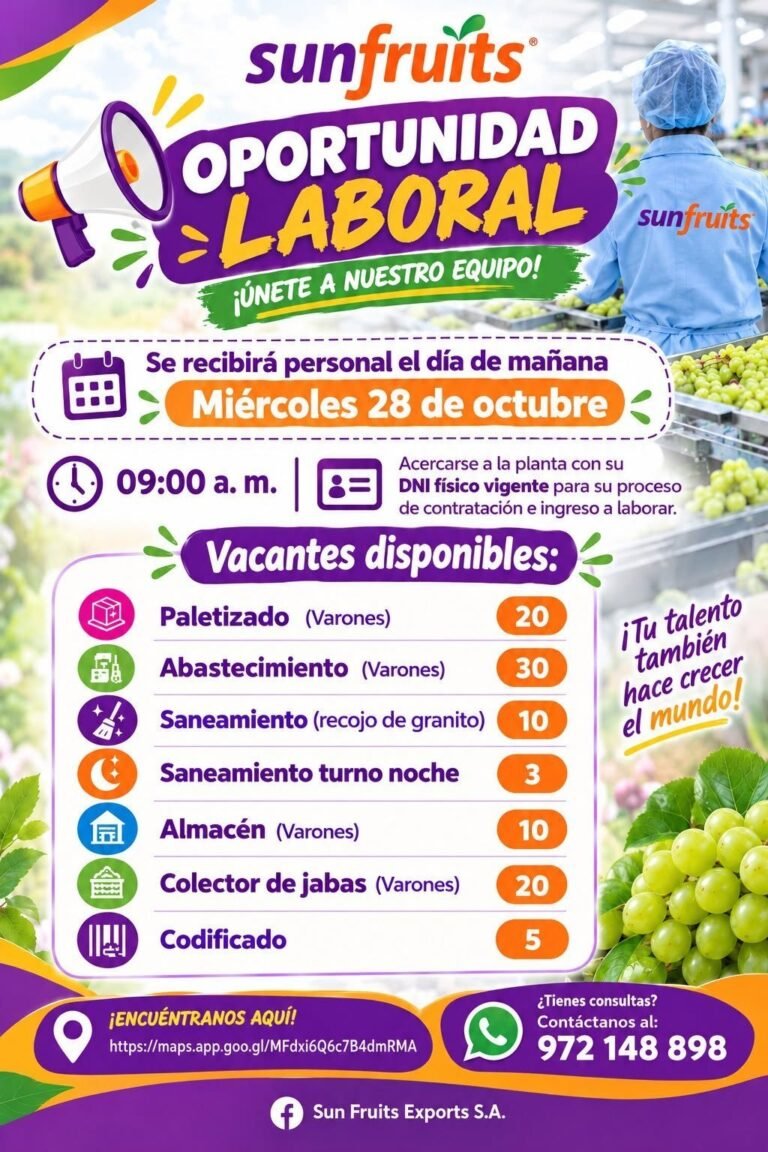 Oportunidad Laboral en Planta – Sunfruits – Ingreso miércoles 28 de octubre