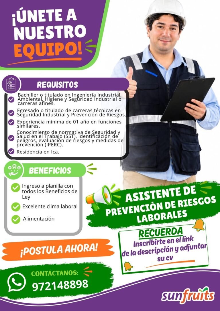 ASISTENTE DE PREVENCIÓN DE RIESGOS LABORALES – SUN FRUITS (ICA)