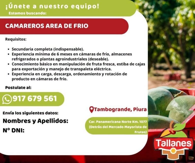 Camareros Área de Frío – Tallanes, Tambogrande