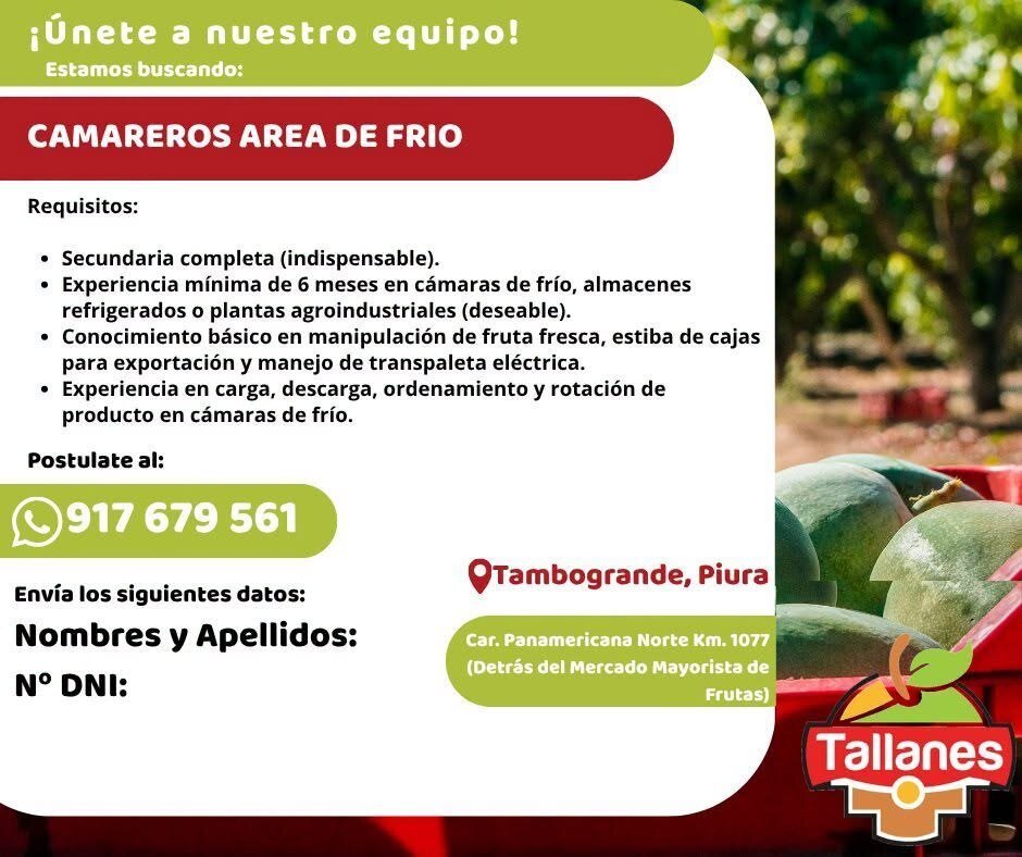 Camareros Área de Frío – Tallanes, Tambogrande - Imagen 1
